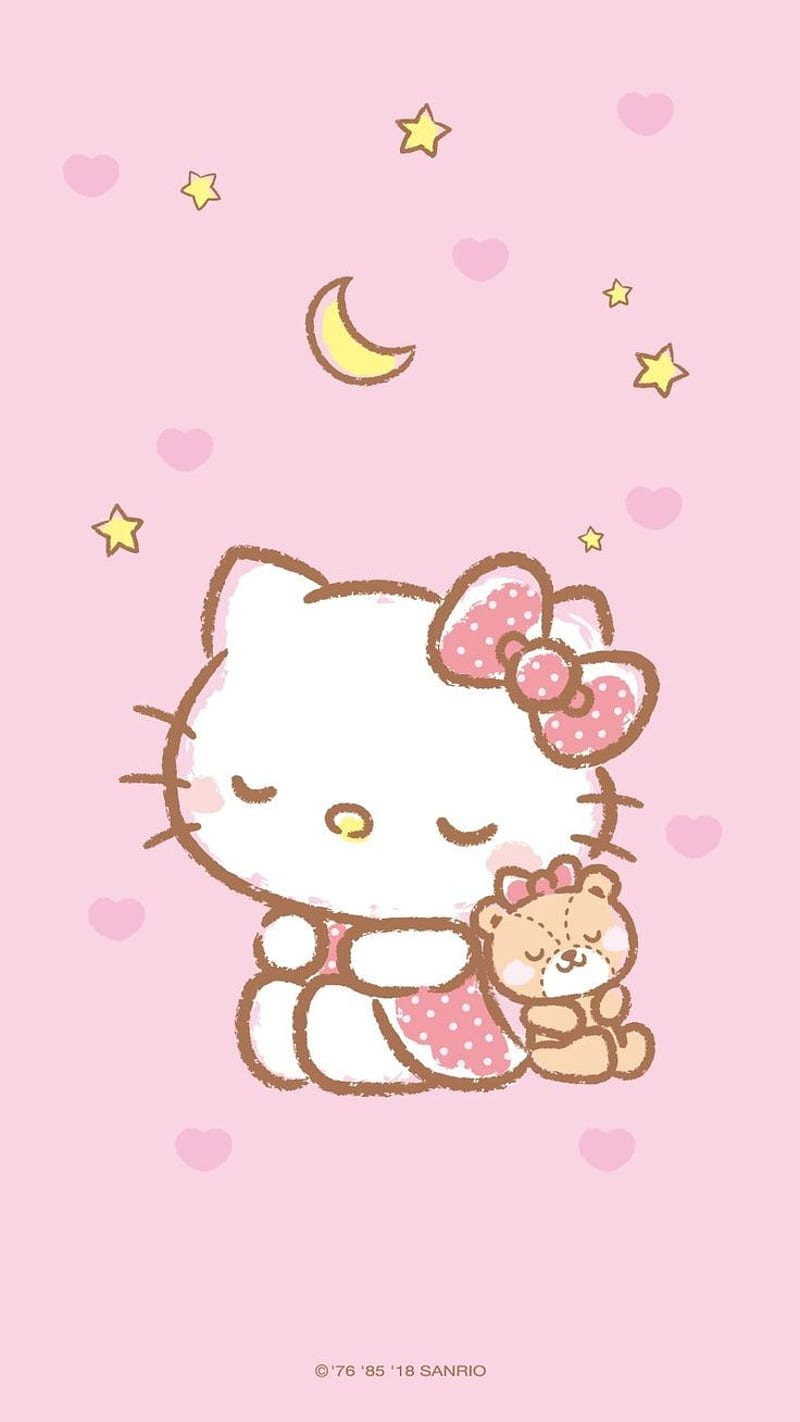 Hello Kitty, badzmaru, hello, kitty, moon, night, pink, sanrio, star, HD phone wallpaper