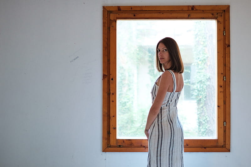 woman wearing white and blue pinstriped maxi dress i front of window, HD wallpaper