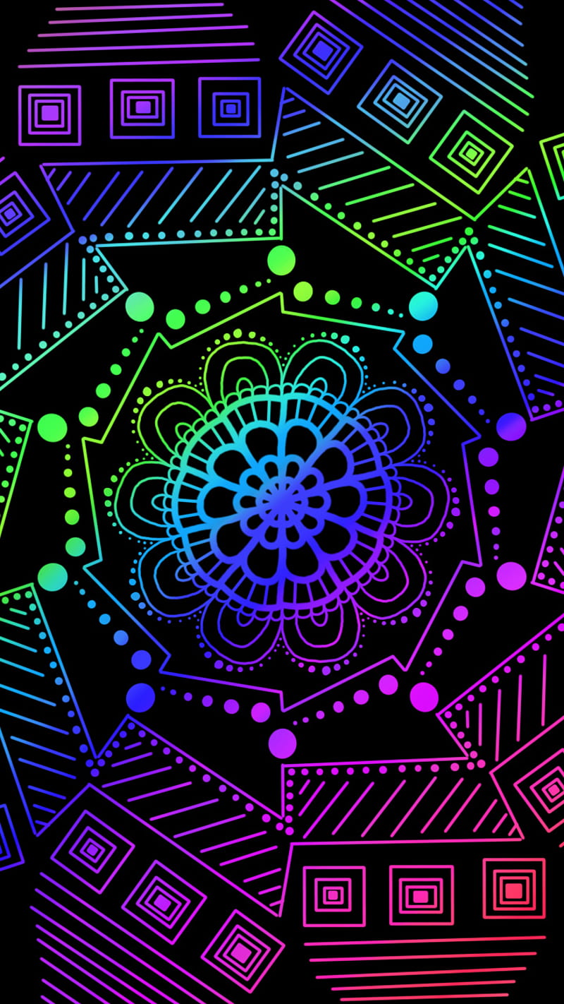 Colorful flower, boxes, colorful, desenho, dots, drawing, flower, lights, lines, HD phone wallpaper