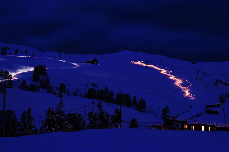 Ski Lodges on Winter Night, snow, nature, chalets, trees, ski lodges, blue, winter, HD wallpaper