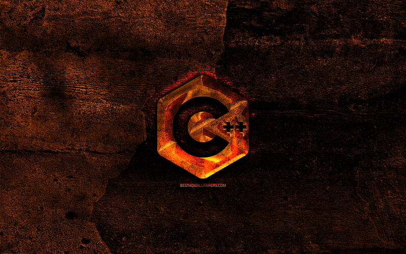 C Plus Plus fiery logo, programming language, orange stone background, creative, C Plus Plus logo, programming language signs, C Plus Plus, HD wallpaper