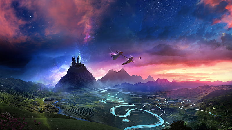 fantasy faries, castle, magical world, sunset, river, aerial view, Fantasy, HD wallpaper