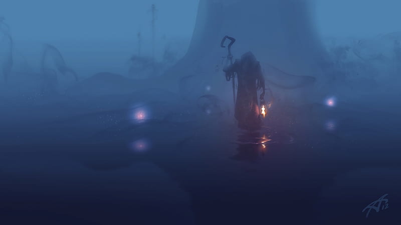 wanderer, magic, lamp, staff, fog, tree, water, reflection, Fantasy, HD wallpaper