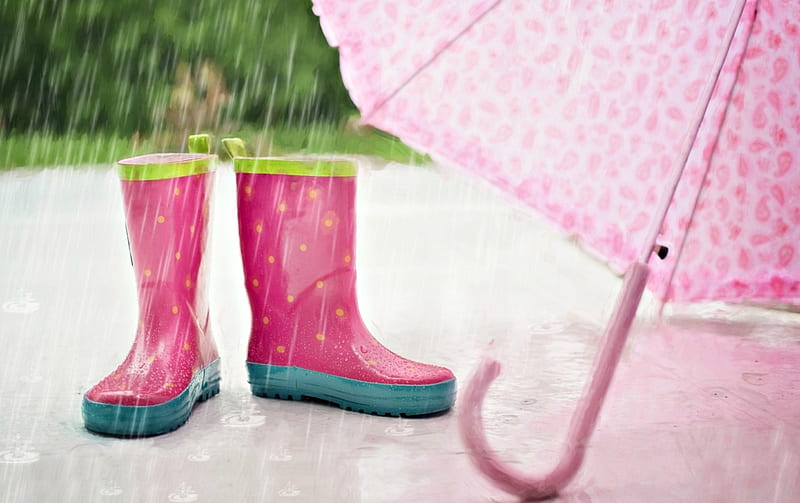 Rainy day, autumn, green, girl, boots, umbrella, stuff, rain, pink, HD wallpaper