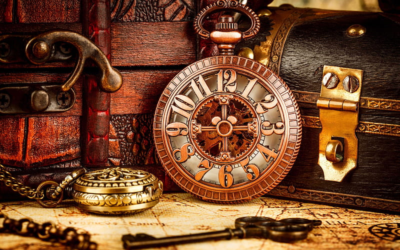 old pocket watches, time concepts, retro things, bronze watches, old sundown, iron big key, HD wallpaper