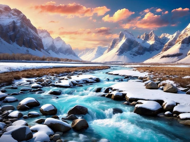 Winter river in the mountains, havas, folyo, fak, ho, tel, hegyek, taj, termeszet, hideg, erdo, fagy, HD wallpaper