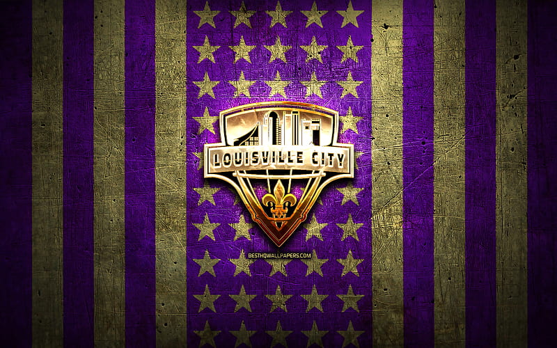 Louisville City FC flag, USL, violet brown metal background, american soccer club, Louisville City FC logo, USA, soccer, Louisville City FC, golden logo, HD wallpaper