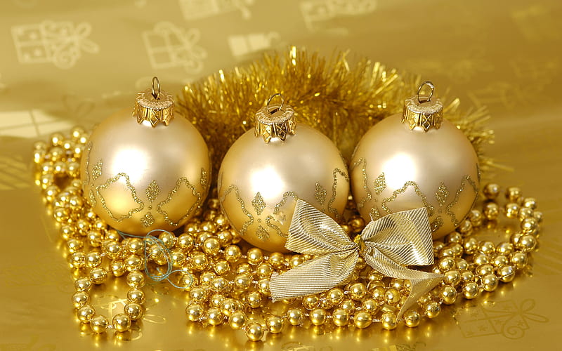 Christmas, New Year Golden Christmas balls, gold bow, decoration, HD wallpaper