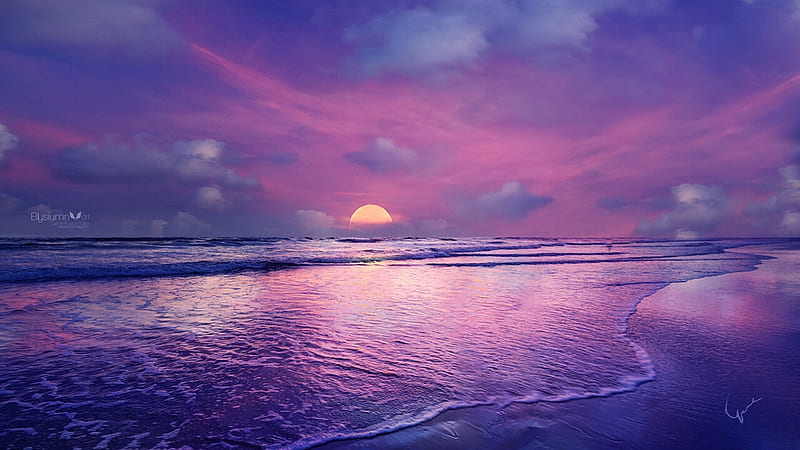Dream beach, sea, blue, cloud, luminos, sunset, sky, beach, vara, water, fantasy, ellysiumn, summer, gene raz on edler, pink, HD wallpaper