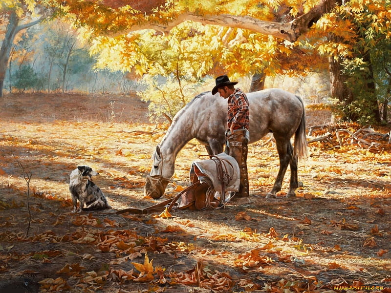 Horse painting, art, grass, man, horse, animal, people, painting, puppy, dog, HD wallpaper