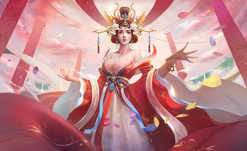 The Empress, frumusete, fantasy, girl, asian, empress, asrart, a sr, red, luminos, pink, HD wallpaper