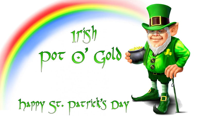 Irish Pot O' Gold F, art, Saint Patricks Day, holiday, rainbow, leprechaun, illustration, artwork, March, gold, painting, wide screen, occasion, HD wallpaper