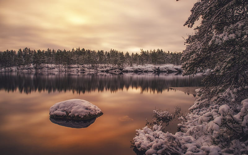 winter, snow, lake, sunset, Finland, winter landscape, forest, HD wallpaper