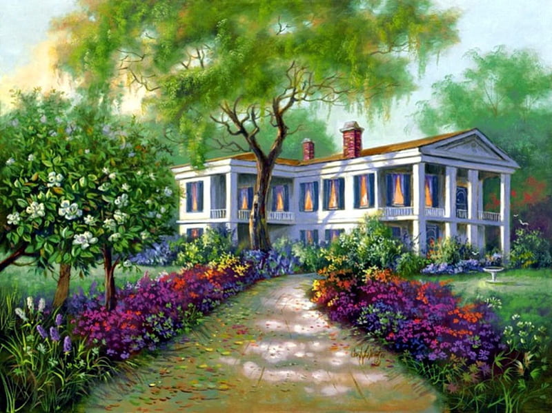 Southern Manor, countryside, tree, house, painting, flowers, path, garden, artwork, HD wallpaper