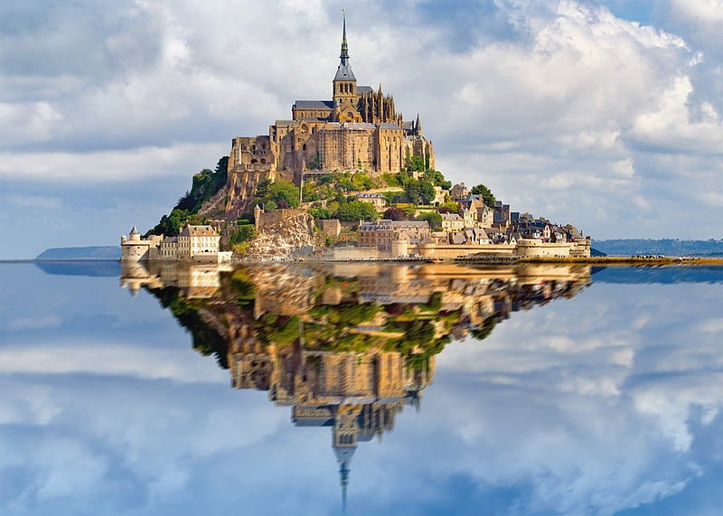 Le Mont Saint Michel, monastery, Island, water, monument, normandy, reflection, historic, HD wallpaper