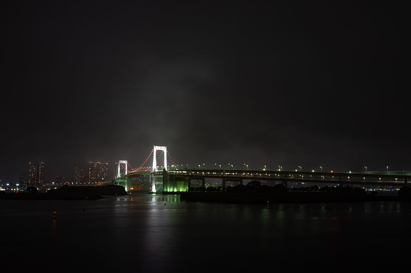 bridge, river, backlight, night city, fog, HD wallpaper