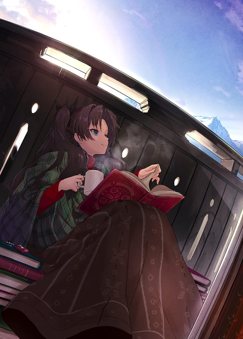 tohsaka rin, fate grand order, mood, relaxing, reading, happy face, Anime, HD phone wallpaper