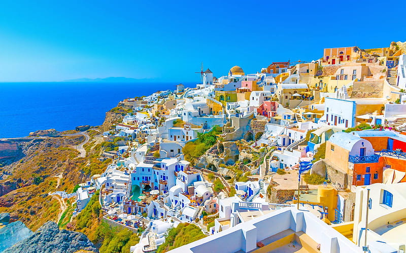 Santorini summer, Aegean Sea, greek cities, Greece, Europe, HD wallpaper