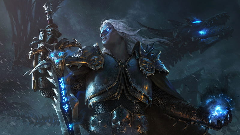 Arthas Menethil, blue, samarskiy, armor, fantasy, luminos, man, HD wallpaper