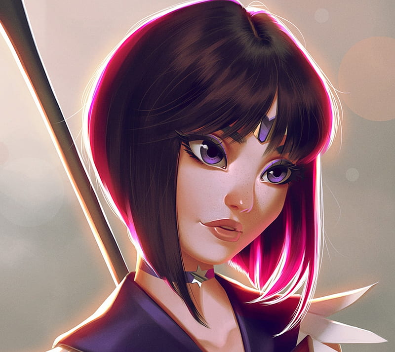 Sailor Saturn, art, sailor, luminos, leandrofranci, manga, fantasy, moon, anime, face, portrait, HD wallpaper