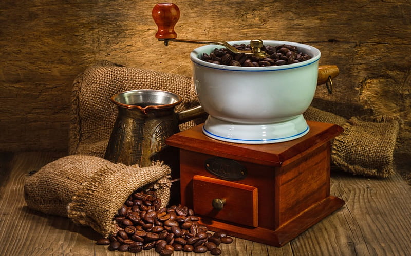 *** Coffee and old coffee grinder ***, mlynek, ziarna, kawa, jedzenie, HD wallpaper