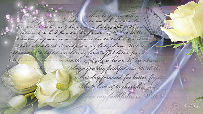 Wedding Promises, stars, romance, glitter, white roses, firefox persona, lavender, roses, abstract, wedding, butterfly, love, vows, HD wallpaper