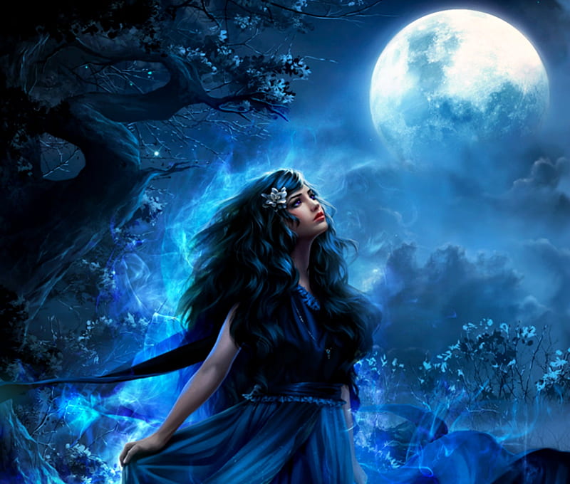 Blue Moon, tira owl, fantasy, moon, luminos, girl, blue, HD wallpaper