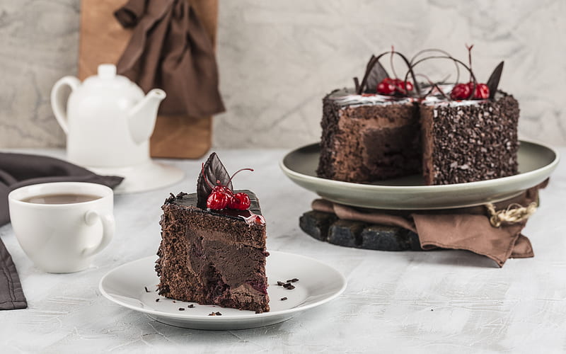 chocolate cake with cherry, big chocolate cake, dessert, sweets, cakes, chocolate, HD wallpaper