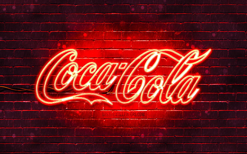 Coca-Cola red logo red brickwall, Coca-Cola logo, brands, Coca-Cola neon logo, Coca-Cola, HD wallpaper