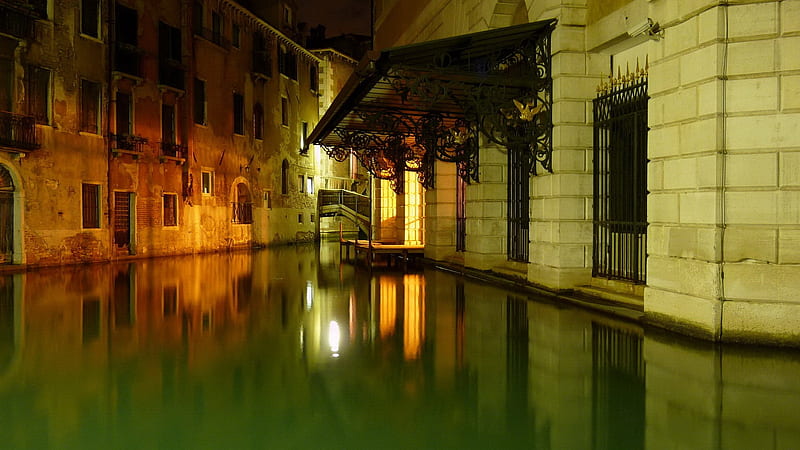 underwater street in venice, water, houses, street, lights, night, HD wallpaper