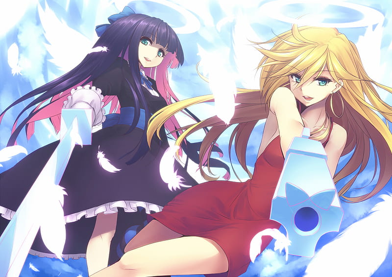 Panty & Stocking, dress, panty and stocking with garterbelt, red dress, green eyes, halo, garuku, gun, anime, goth-loli, multi-colored hair, weapon, blue eyes, sword, feathers, pov aiming, black hair, pistol, wings, necklace, angel, panty, blonde hair, earring, jewelry, stocking, katana, backlace, pink hair, HD wallpaper