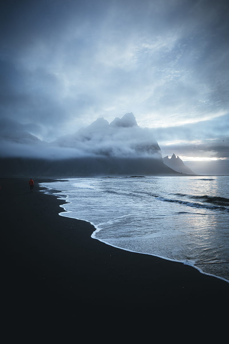 lonely man, walking, beach, ocean, dark clouds, mountain, Nature, HD phone wallpaper