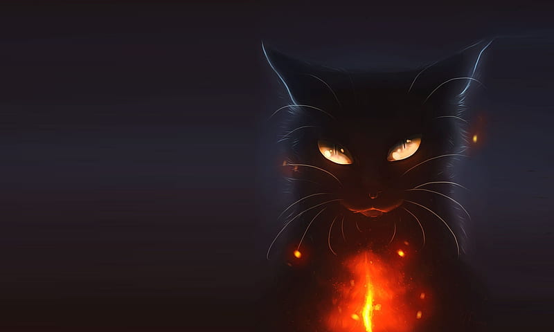 Black cat, fantasy, luminos, orange, halloween, black, cat, eyes, pisica, HD wallpaper