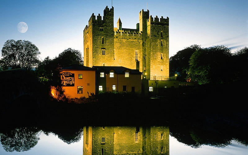 inn at a castle at night, pond, moon, inn, castle, lights, HD wallpaper