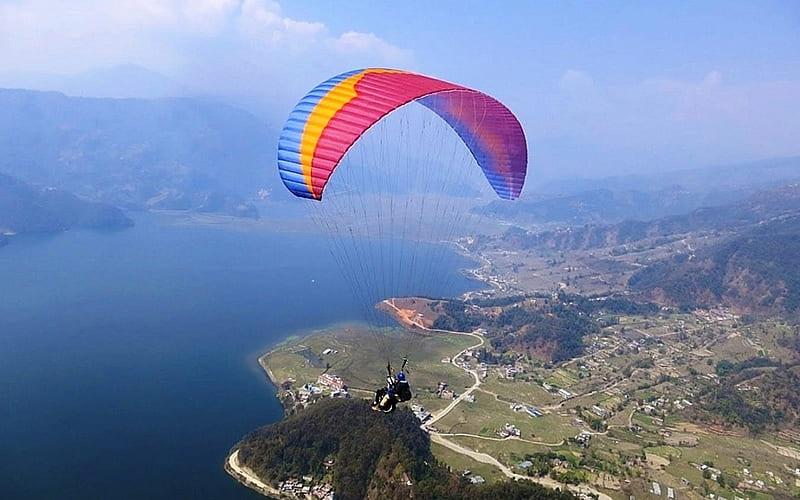Paragliding over Earth, sky, landscape, paraglider, flight, HD wallpaper