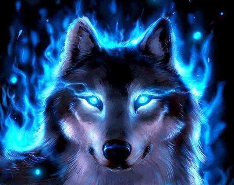 WOLF, art, glowing, face, eyes, blue, HD wallpaper