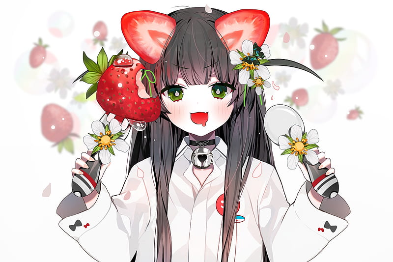 cute anime girl, green eyes, strawberries, shirt, fang, loli, Anime, HD wallpaper