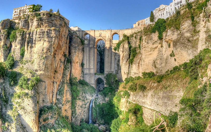Ronda, architecture, city, rock, bridges, waterfall, Spain, HD wallpaper