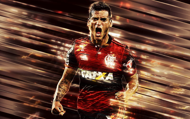 Miguel Trauco creative art, blades style, Flamengo, Peruvian football gallery, Serie A, Brazil, red creative background, football, CR Flamengo, HD wallpaper