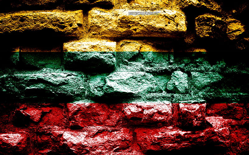 Lithuania flag, grunge brick texture, Flag of Lithuania, flag on brick wall, Lithuania, Europe, flags of european countries, HD wallpaper