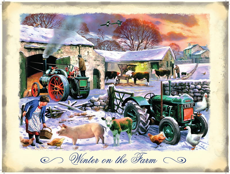 WINTER ON THE FARM, vehicles, ducks, farmers wife, farms, tractors, winter, occupations, pigs, snow, chickens, animals, HD wallpaper