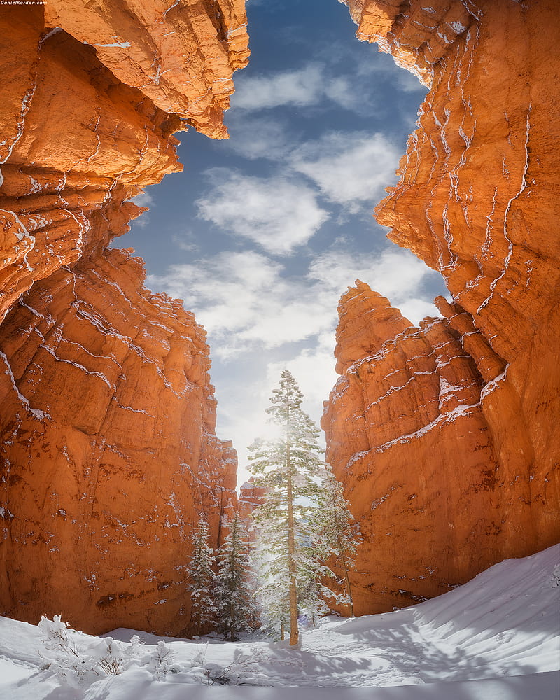Daniel Kordan, landscape, sky, clouds, low-angle, wide angle, trees, snow, Bryce Canyon National Park, sunlight, HD phone wallpaper