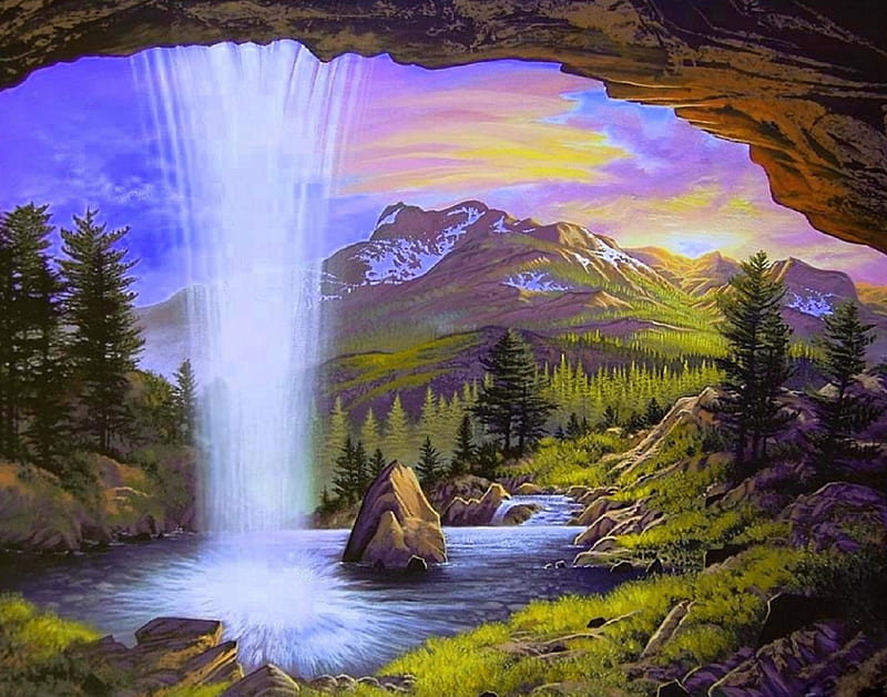 ★Behind the Waterfall★, stunning, panoramic view, softness beauty, attractions in dreams, bonito, seasons, paintings, bright, flowers, scenery, colors, love four seasons, creative pre-made, trees, waterfalls, paradise, mountains, summer, nature, tropical, HD wallpaper