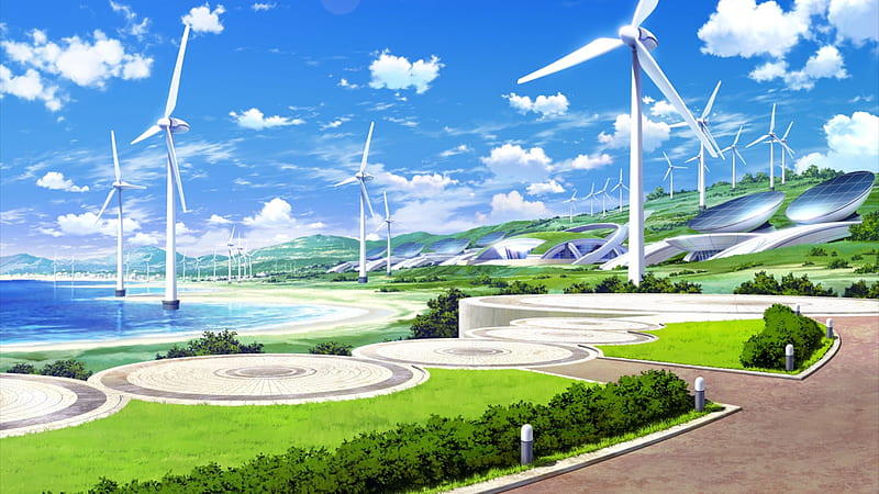 anime landscape, windmill, scenic, clouds, .field, wind farms, clouds, Anime, HD wallpaper