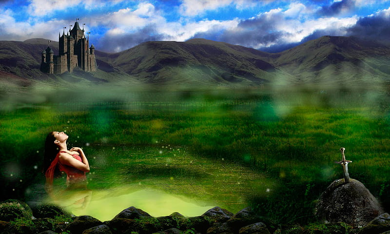 King Arthur - The Beginning!, magical sword, magical view, lady of the lake, round table, magical landscape, green, stone, king arthur, avalon, sword, camelot, merlin, excalibur, guinevere, mountain landscape, woman of lake, castle, shiny, sword in stone, HD wallpaper