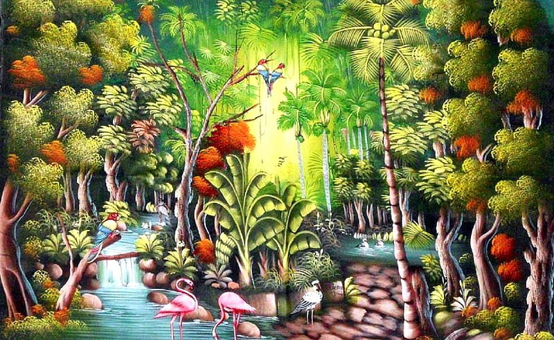 Forest of Love, love four seasons, birds, flamingo, trees, waterfalls, paintings, love, summer, forests, beloved valentines, couple, animals, HD wallpaper