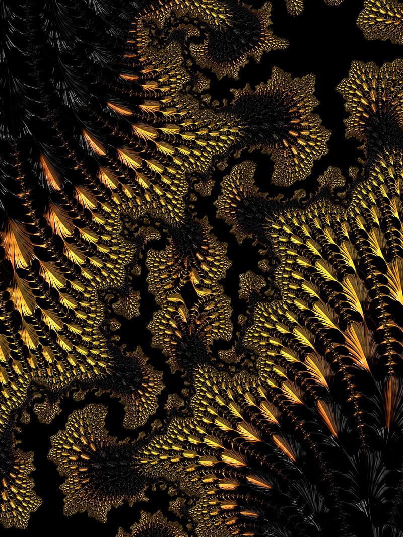 fractal, abstraction, sinuous, ornate, yellow, black, HD phone wallpaper