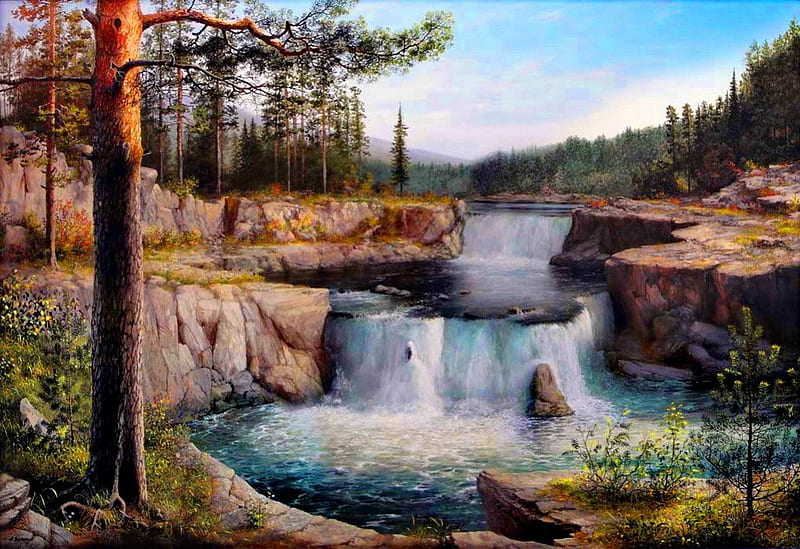 Siberian waterfall, fall, rocks, pretty, falling, beauitiful, nice, calm, stones, painting, waterfall, art, siberian, quiet, lovely, sky, tree, water, serenity, HD wallpaper
