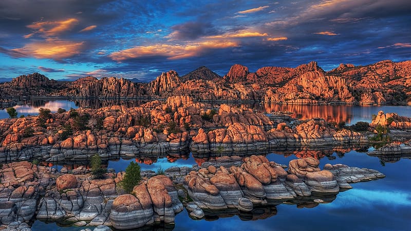 Watson Lake, Prescott, Arizona., clouds, usa, water, landscape, sunrise, morning, rocks, sky, HD wallpaper