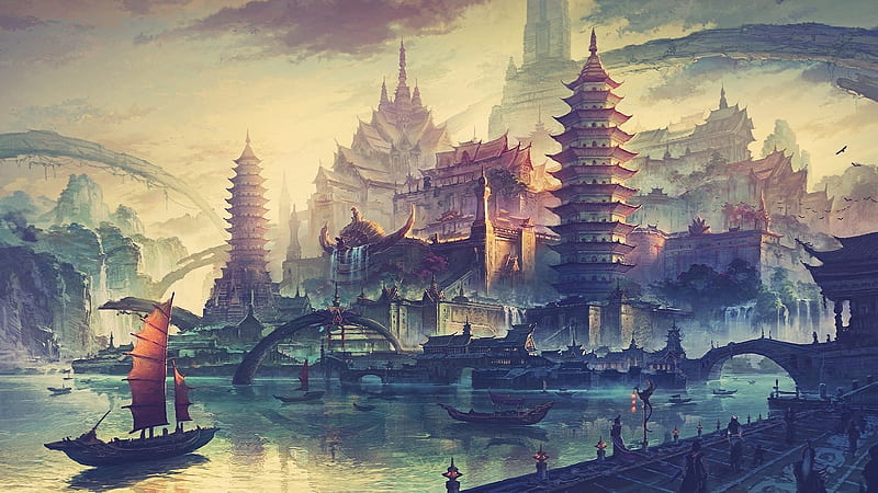 asian fantasy city, boat, castle, tower, Fantasy, HD wallpaper
